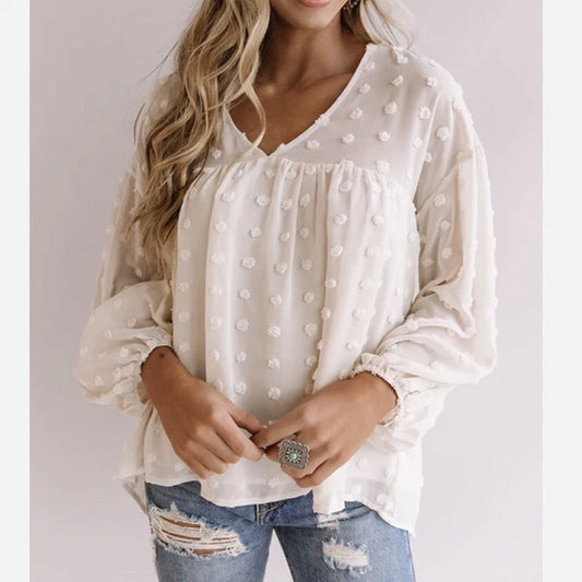 JR-Entro Cream Dot Swiss LS Blouse | 2X