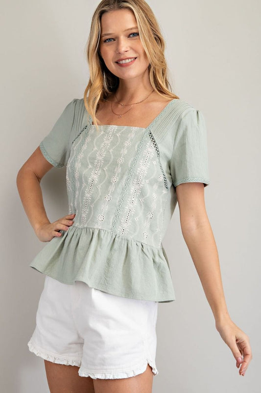 Sage Serenity Embroidered Linen Top