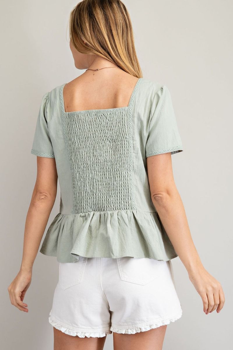 Sage Serenity Embroidered Linen Top