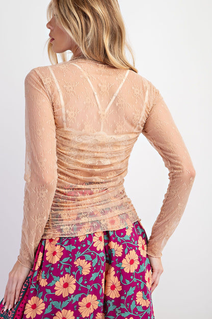 Luminous Lace Ruched Sheer Top | Nude