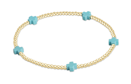 eNewton - Signature Cross Small Gold Pattern 2Mm Bead Bracelet - turquoise