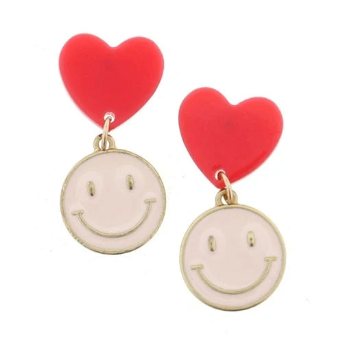 Red Heart & Light Pink Enamel Happy Face Earring