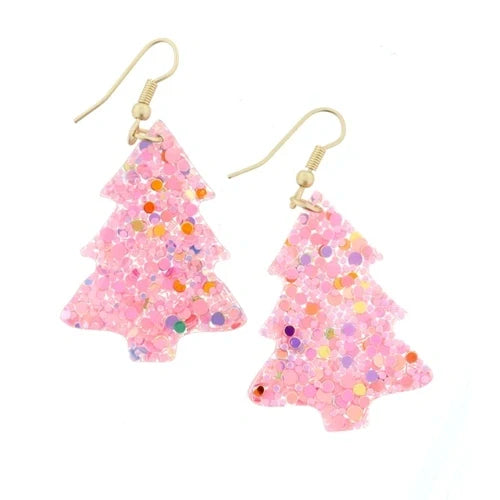 Pink Glitter Resin Christmas Tree Earring