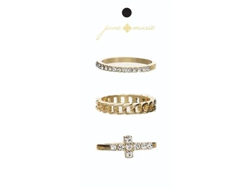 Set of 3, Crystal Band, Gold Chain Band, Gold Band with Crystal Cross Ring