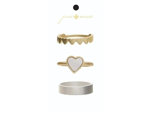 Set of 3, Shell Heart Gold Band, Silver Band, Gold Mini Hearts Band Ring