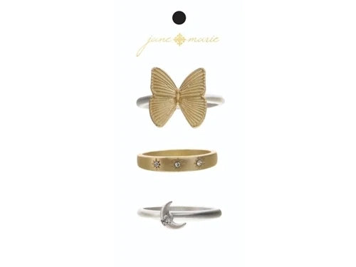 Set of 3, Gold Butterfly Silver Band, Moon and Crystal Silver Band, Stars Gold Band Ring