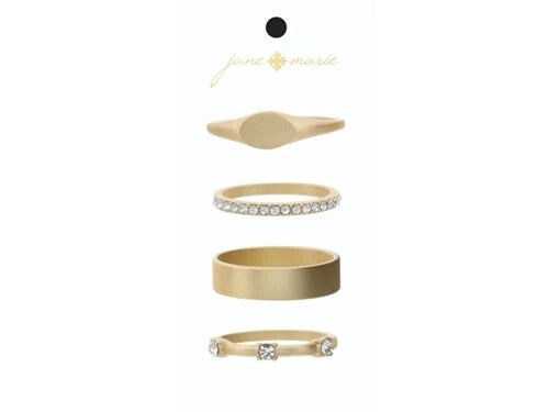 Set of 4, Gold Signet, Crystal Band, Gold Band, Gold Band with Three Crystals Ring