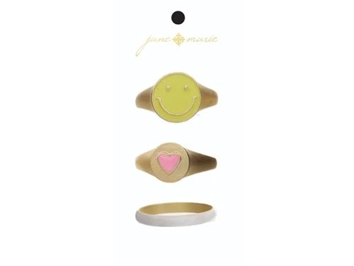 Set of 3, Pink Enamel Heart Signet, Yellow Enamel Happy Face Signet, White Enamel Band Ring