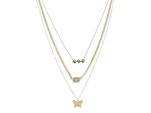 3 Strand, Diamond Crystal Bar, Moonstone Crystal Gold Emerald Plate, Gold Butterfly Necklace