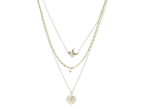 3 Strand, Moon and Star, Pearl Cluster, Crystal Star, Coin Pearl with Center Star Necklace