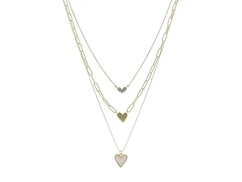3 Strand, Mini Clear Crystal Heart, Gold Heart, Gold Cased White Shell Heart Necklace