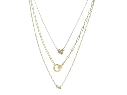 3 Strand, Multi-Shaped Crystal Cluster, Circle Links, Baguette Crystal Necklace