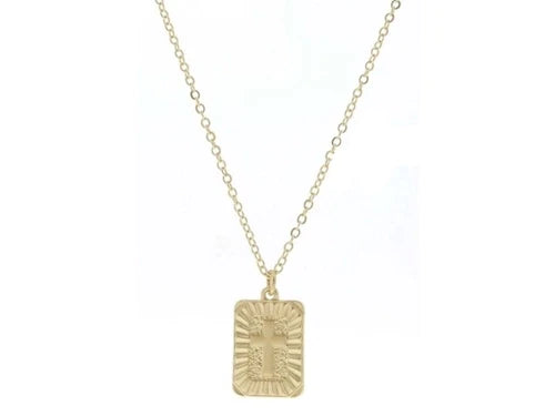 Gold Textured Rectangle with Cross Center Necklace