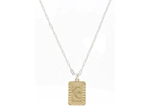 Gold Textured Rectangle with Crescent Moon with Star Center Necklace