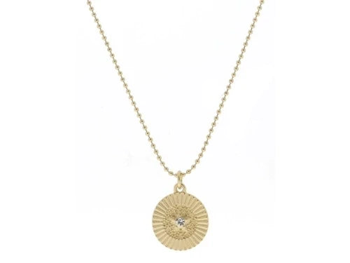 Gold Textured Disc with Star and Crystal Center Necklace