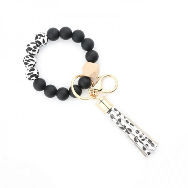 Soft Rubber & Wood Bead Keychain With Tassel Cow