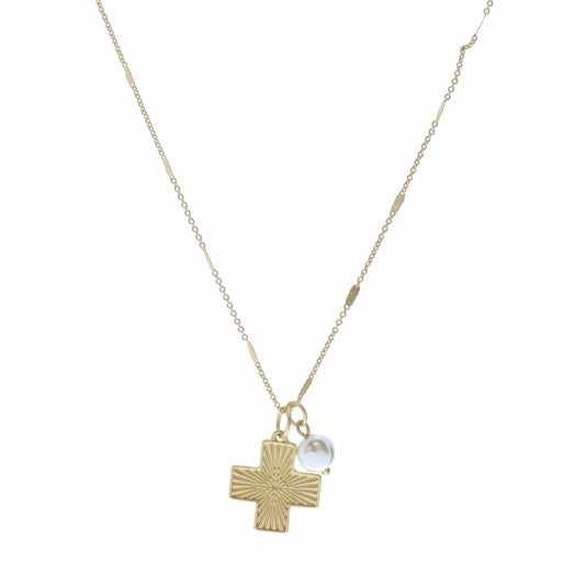 16" Gold Textured Square Cross & Pearl necklace