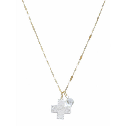 16" Silver Textured Square Cross & Pearl necklace