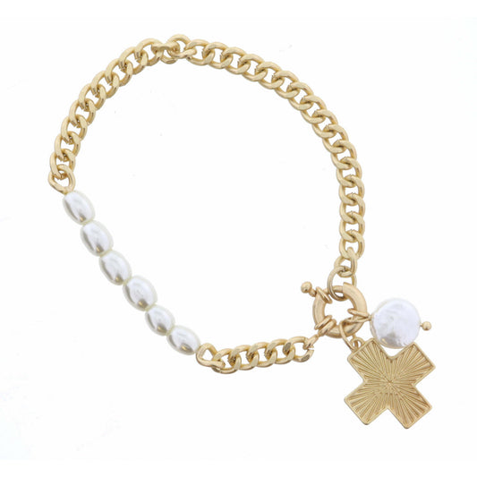 Gold Textured Square Cross & Coin Pearl Bracelet