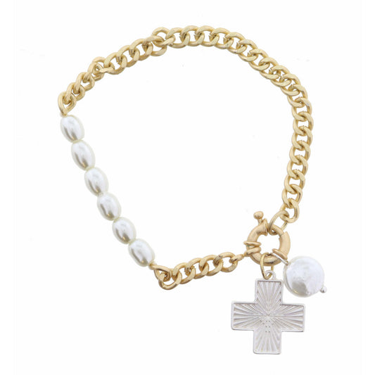 Silver Textured Square Cross & Coin Pearl Bracelet