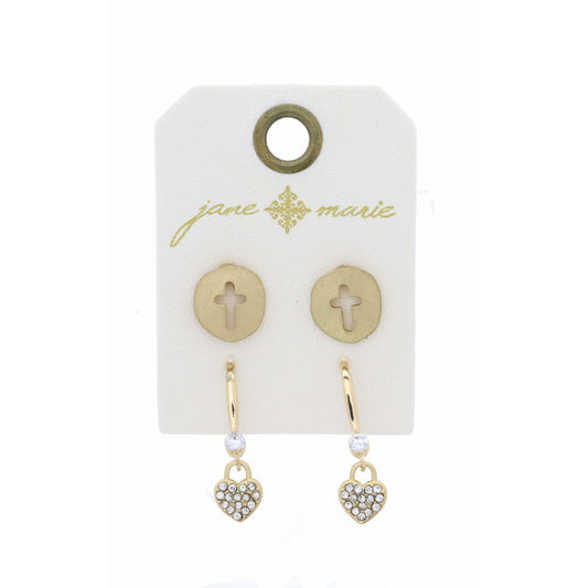 Set of 2, Gold Dangle Heart & Cross Stud