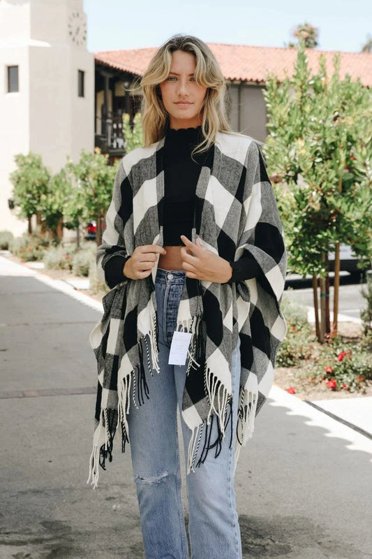 Buffalo Plaid Tassel Poncho