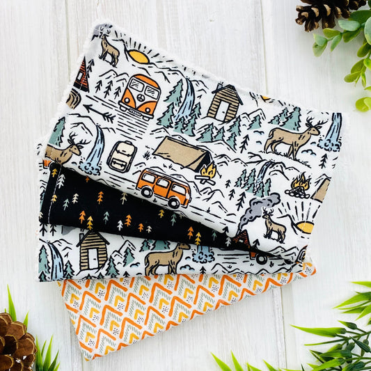 handmade washing cloths in mountain scene, camping, deer, cabin, waterfall, sunset
