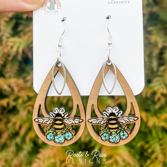 Floral Bee Teardrop Earrings with Silver Dangle