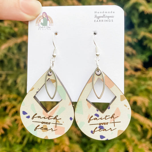 White Terrazo Faith over Fear Dangle Earrings