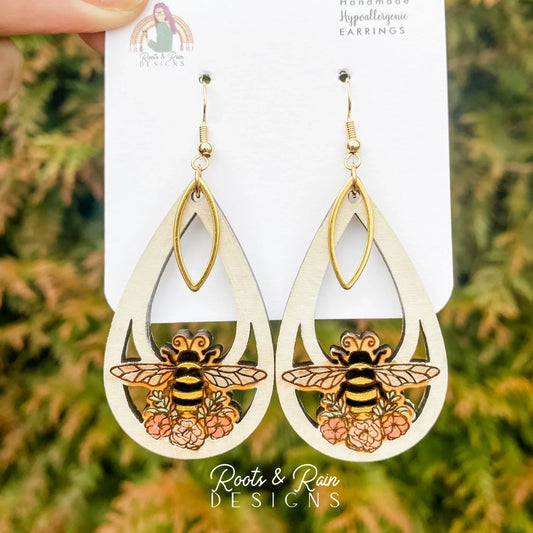 White Floral Bee Teardrop Earrings with Gold