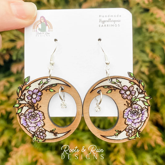 Floral Moon Earrings with Rhinestone Dangle Earrings