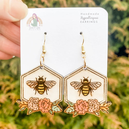 White Floral Bee Earrings