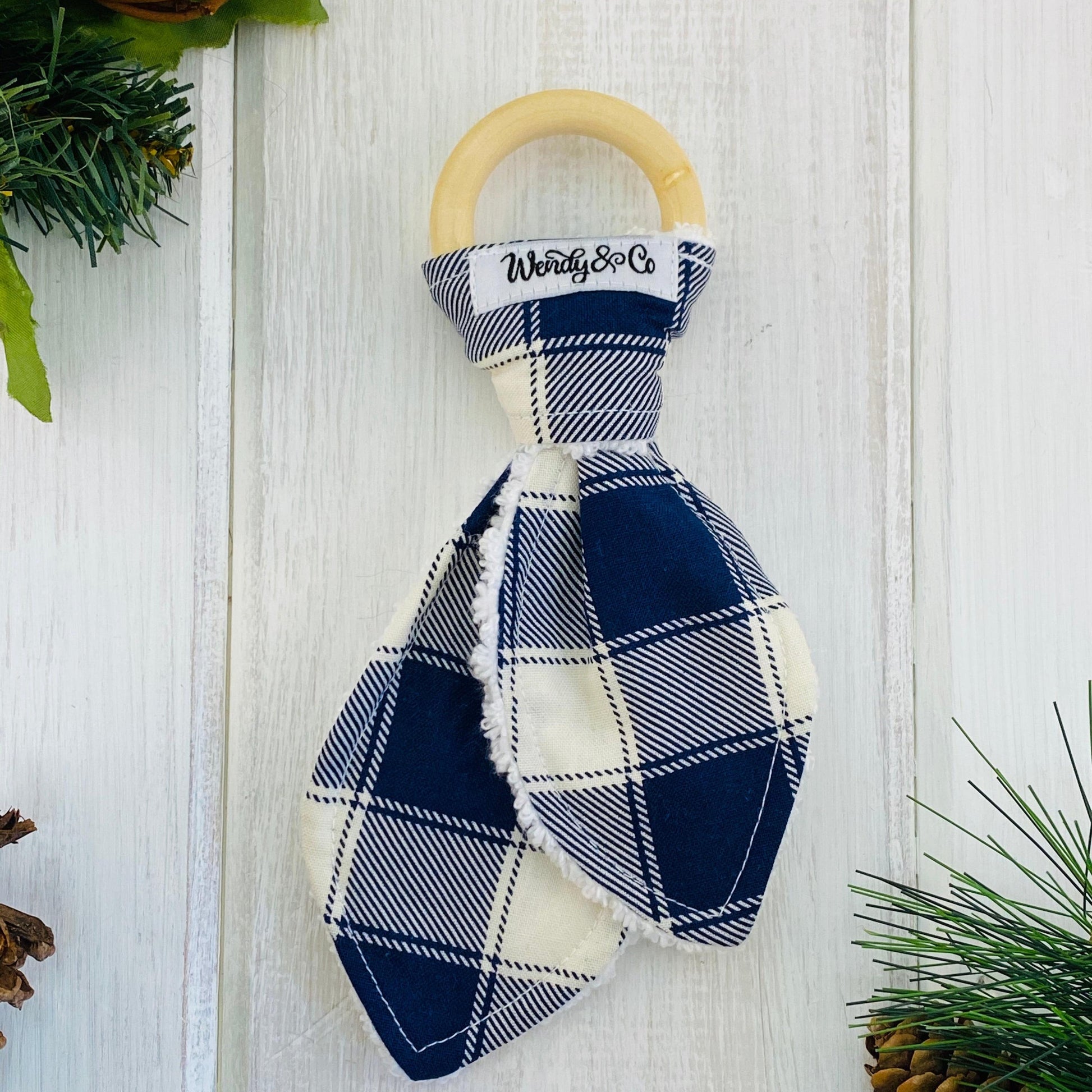 navy check wood and fabric bunny ear teether