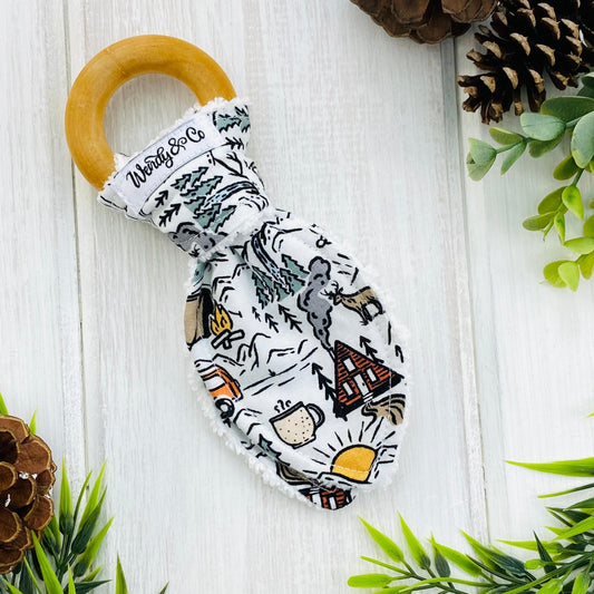 wood and fabric teether, mountain scene