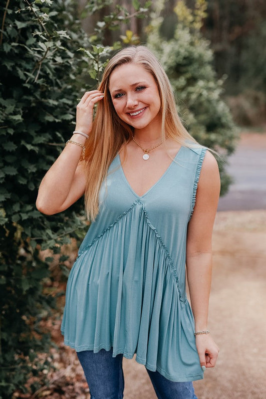 Teal Ruffle V-Neck Sleeveless Top