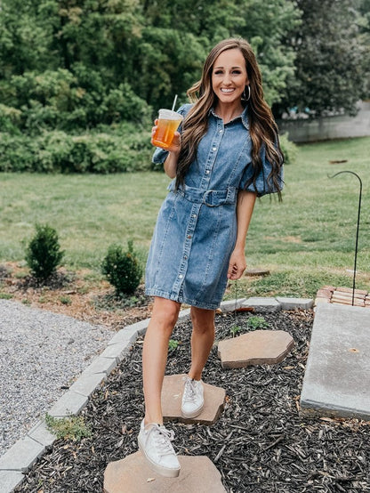 Young & Bold Bubble Sleeves Denim Dress