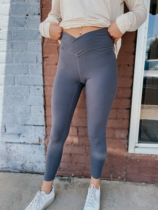 Crossover Waist Full Length Leggings- Charcoal