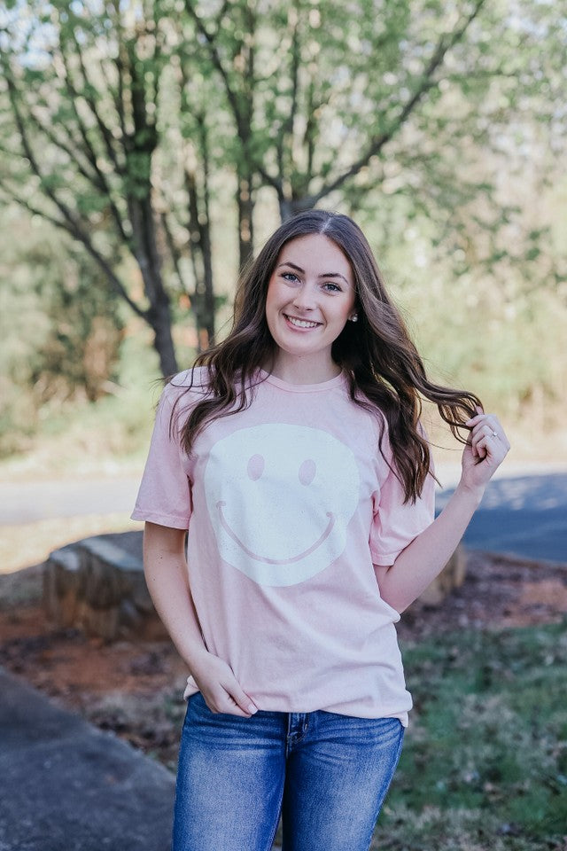light pink mineral wash smiley face tee