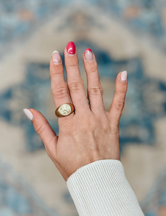 Gold Textured Circle Signet with Initial Ring