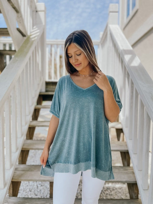 Teal Blue V-Neck Side Slit Short Sleeve Knit Top