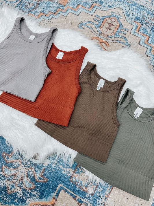 Seamless Ribbed High Neck Crop Tanks