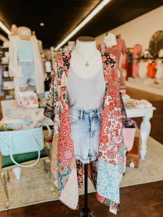 Boho Floral Patchwork Kimono Mint