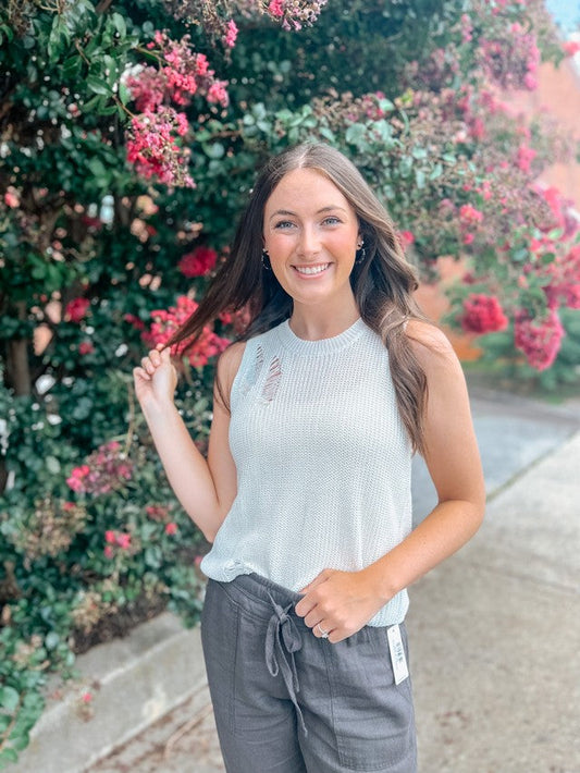 Left A Mark Distressed Sweater Tank- Ivory