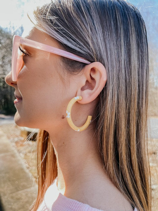 Yellow with white daisys C hoop earrings